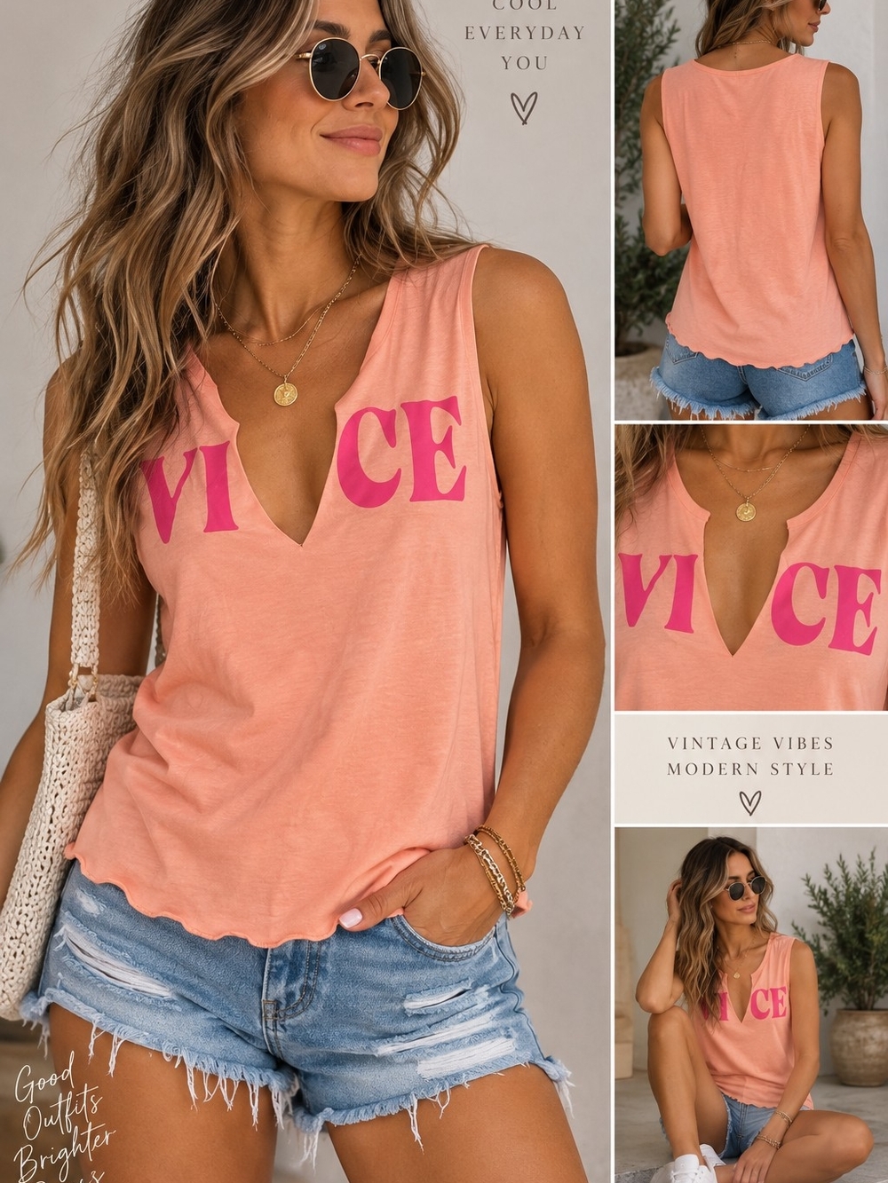 Peach VICE Graphic V-Notch Tank Top